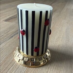 Mackenzie Childs Striped Black and White Candle with Ladybug Accents Gold Base